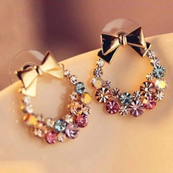 PinkDiva Jewelry - Gold Bow Rainbow Crystal Earrings